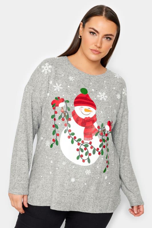 YOURS Plus Size Grey Snowman Print Soft Touch Christmas Jumper | Yours Clothing 1