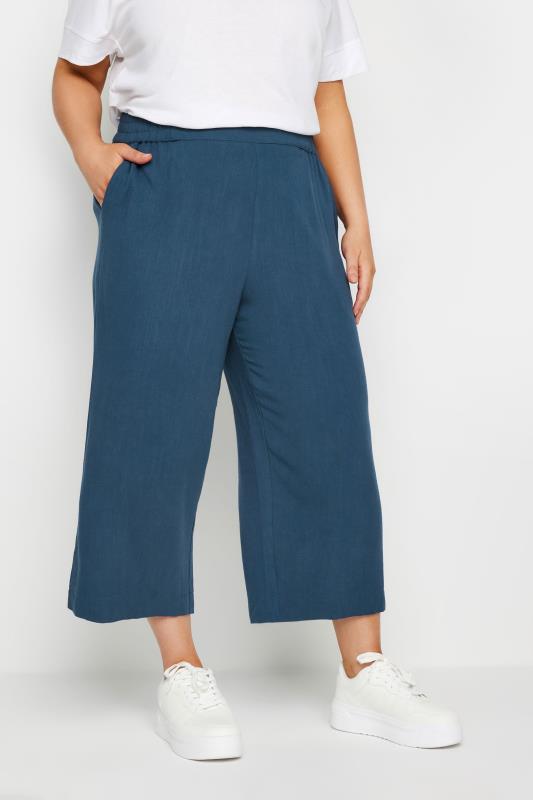 YOURS Plus Size Navy Blue Wide Leg Cropped Linen Trousers | Yours Clothing  1