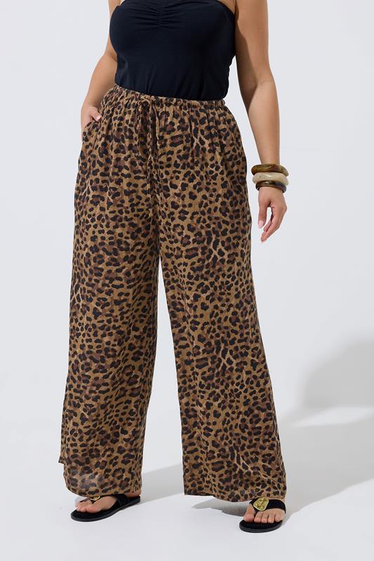 LIMITED COLLECTION Plus Size Brown Leopard Crinkle Trousers | Yours Clothing 1