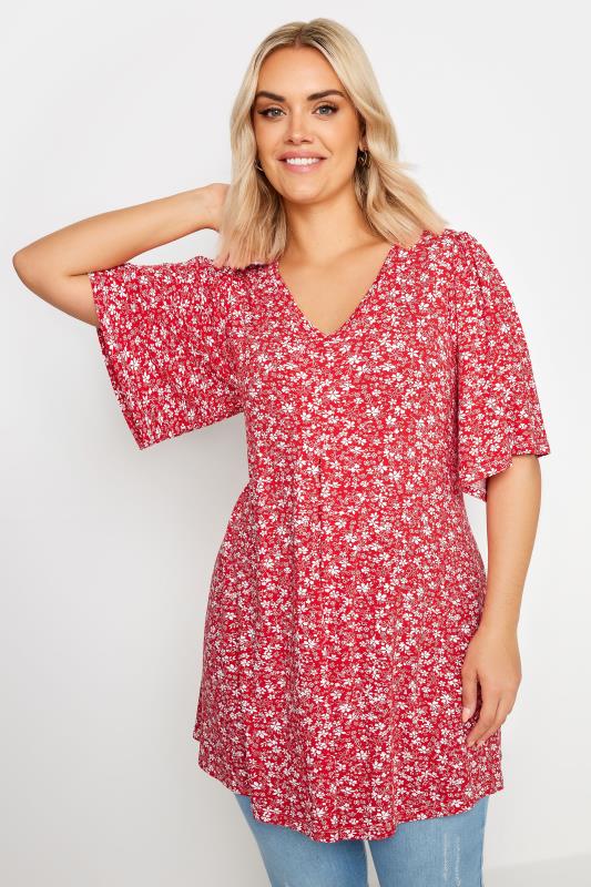 YOURS Plus Size Red Ditsy Floral Print Swing Top | Yours Clothing 1