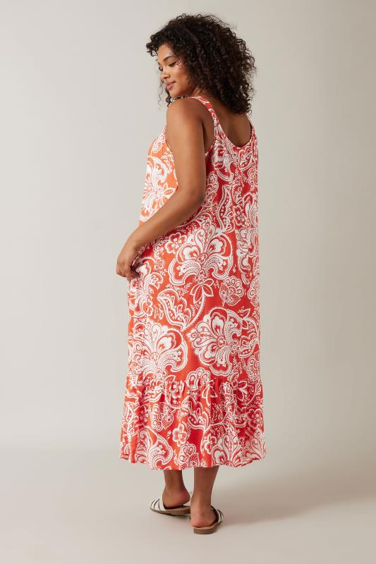 Evans Orange & White Paisley Floral Print Frill Hem Midi Dress | Evans 3