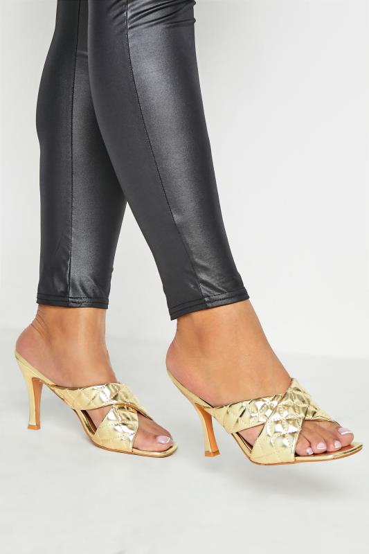 LIMITED COLLECTION Gold Cross Quilted Stiletto Mules In Extra Wide EEE Fit 2