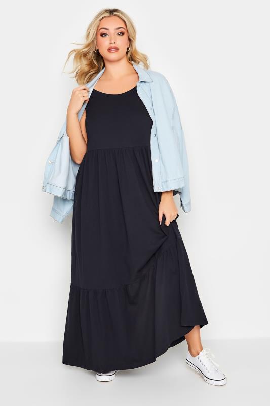 YOURS Curve Plus Size Navy Blue Tiered Maxi Sundress | Yours Clothing  1