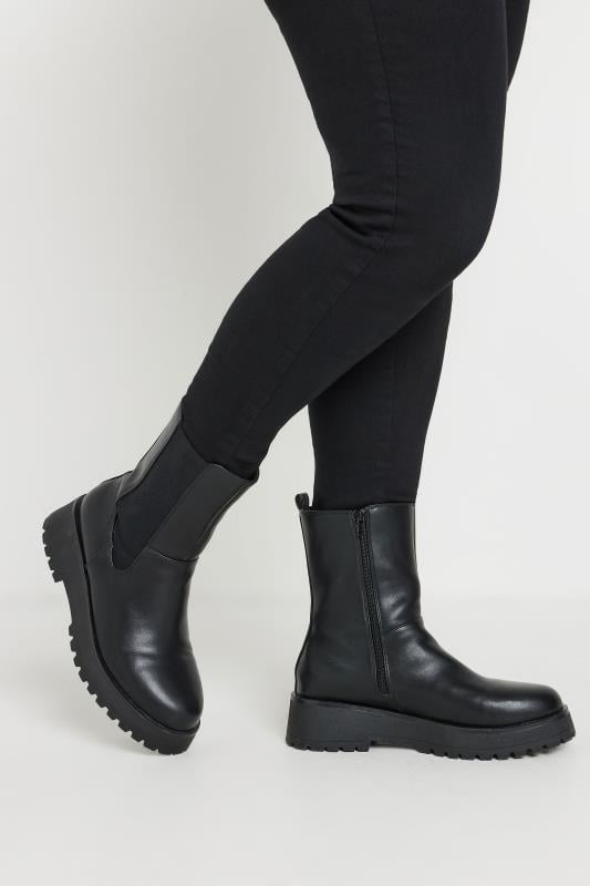 Black Faux Leather Chunky Wedge Chelsea Boots In Wide E Fit | Yours Clothing  1