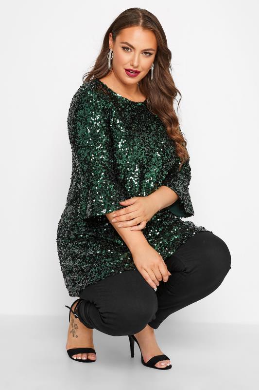 YOURS LONDON Plus Size Green Sequin Embellished Flute Sleeve Top | Yours Clothing 1
