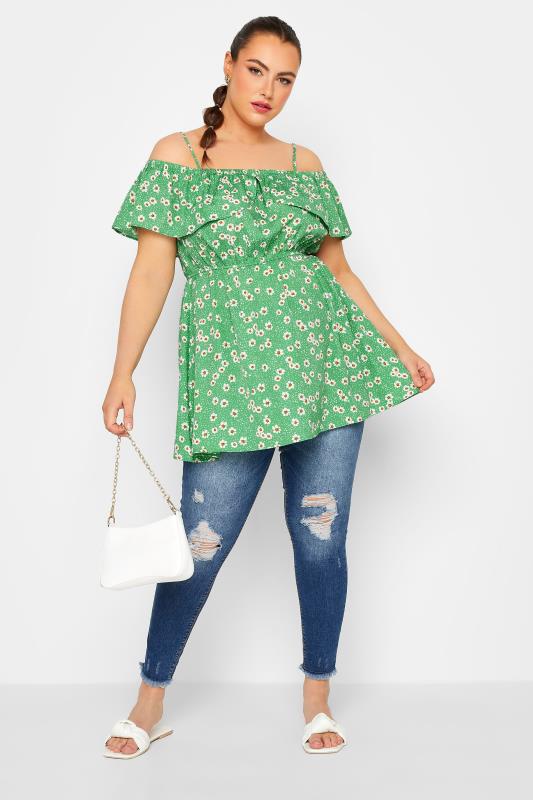 LIMITED COLLECTION Plus Size Green Floral Frill Cold Shoulder Top | Yours Clothing 2