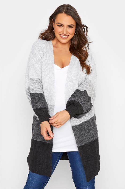 Plus Size Curve Grey Stripe Knitted Cardigan | Yours Clothing 1