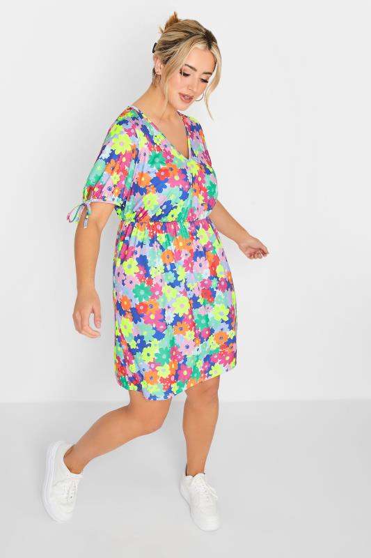 LIMITED COLLECTION Plus Size Curve Blue & Pink Ditsy Print Smock Dress | Yours Clothing  2