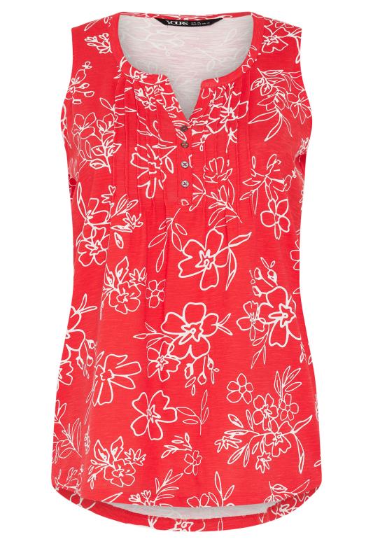 YOURS Plus Size Red Floral Print Pintuck Henley Vest Top | Yours Clothing 6