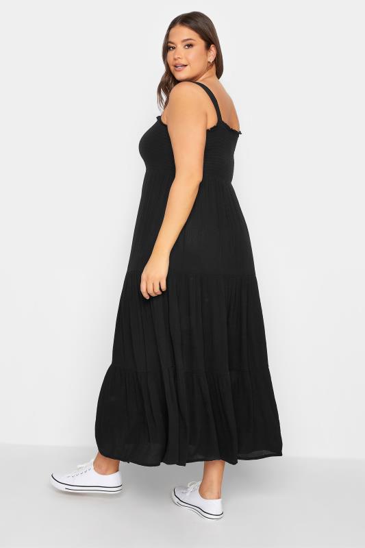 YOURS Curve Plus Size Black Shirred Strappy Midi Dress | Yours Clothing  3