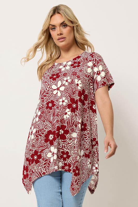 YOURS Plus Size Red Floral Hanky Hem Top | Yours Clothing 1
