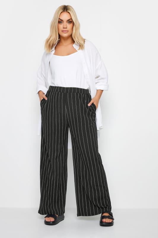 YOURS Plus Size Black Stripe Textured Wide Leg Trousers | Yours Clothing 2