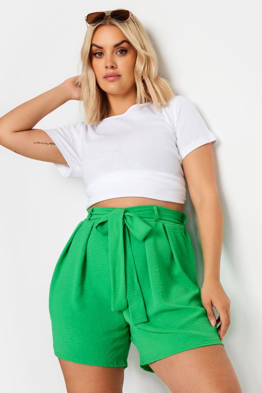 Yours Plus Size Green Belted Textured Satin Shorts | Yours Clothing 1