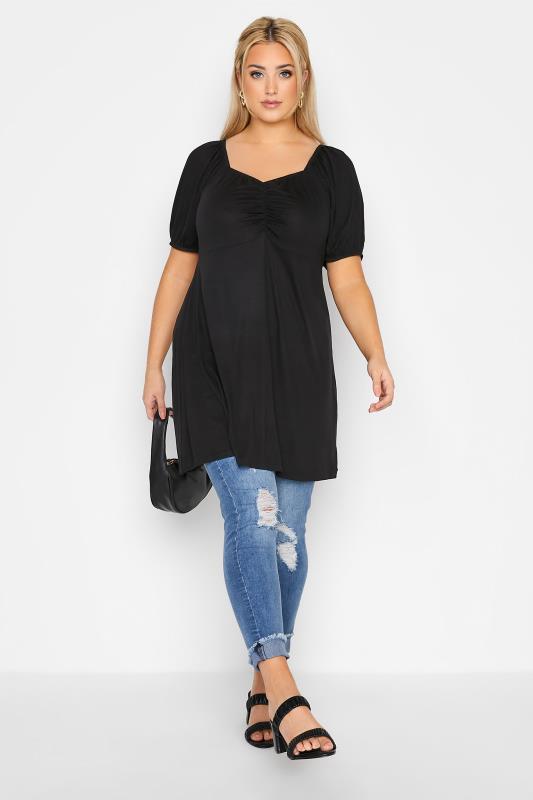 LIMITED COLLECTION Plus Size Black Puff Sleeve Ruched Top | Yours Clothing 2