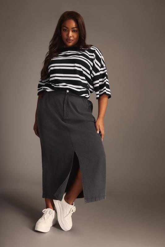 YOURS Curve Plus Size Black Acid Wash Midaxi Denim Skirt