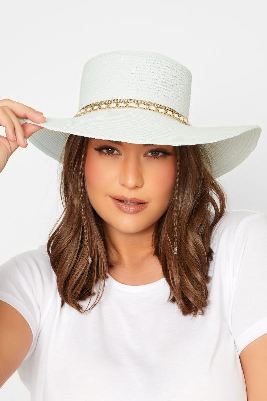 Plus Size  Yours White Chain Straw Wide Brim Boater Hat