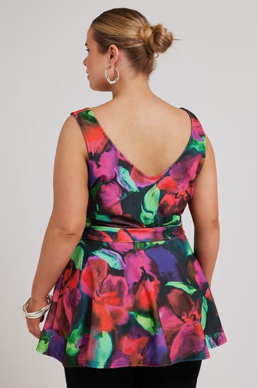 YOURS LONDON Plus Size Pink Abstract Floral Print Sleeveless Peplum Top | Yours Clothing 3