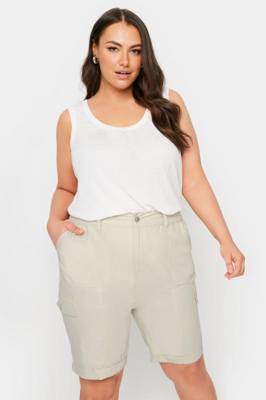 YOURS Plus Size Stone Brown Elasticated Waist Cargo Shorts | Yours Clothing 1