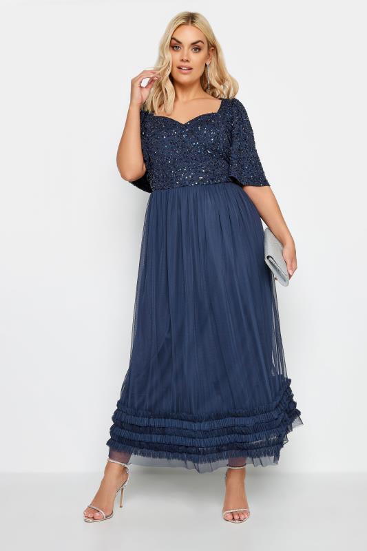 LUXE Plus Size Curve Navy Blue Sequin Sweetheart Ruffle Maxi Dress | Yours Clothing  2