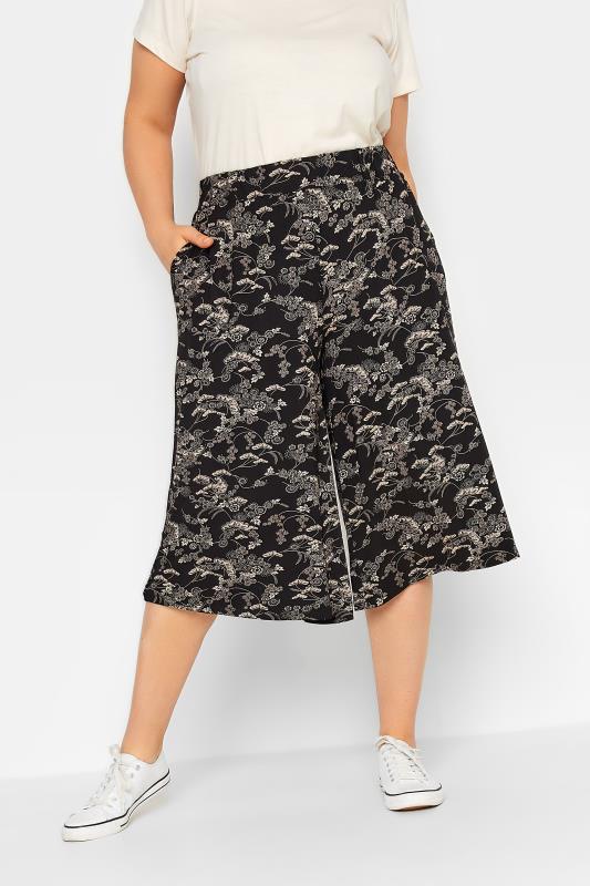YOURS Curve Black & Cream Floral Print Culottes | Yours Clothing 1