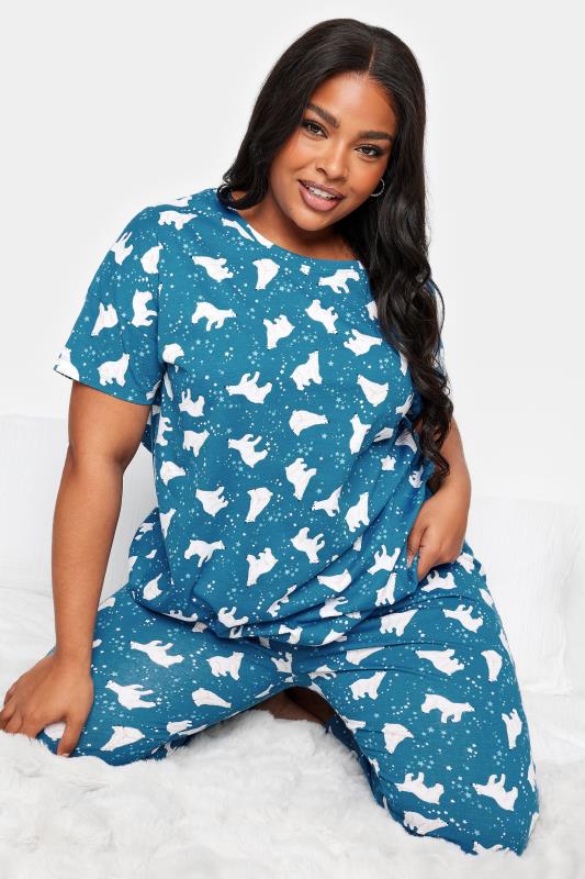 YOURS Plus Size Blue Polar Bear Print Pyjama Set | Yours Clothing 2
