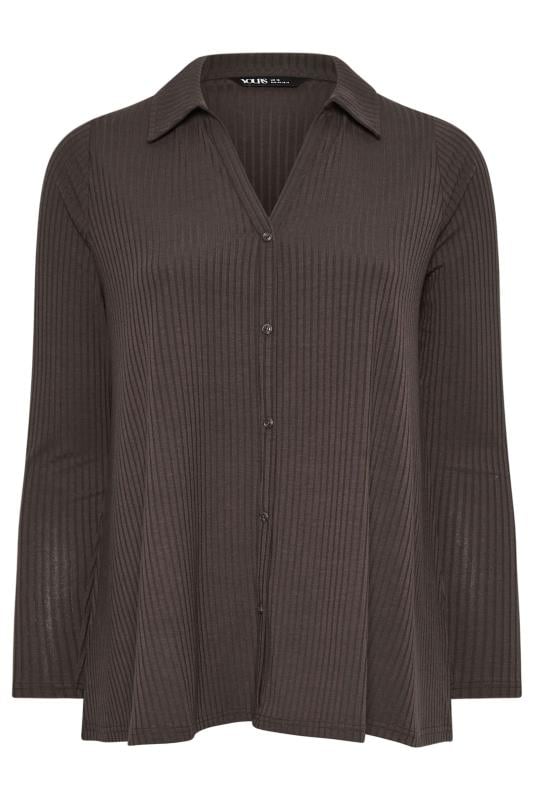 YOURS Plus Size Brown Ribbed Collared Top | Yours Clothing 5