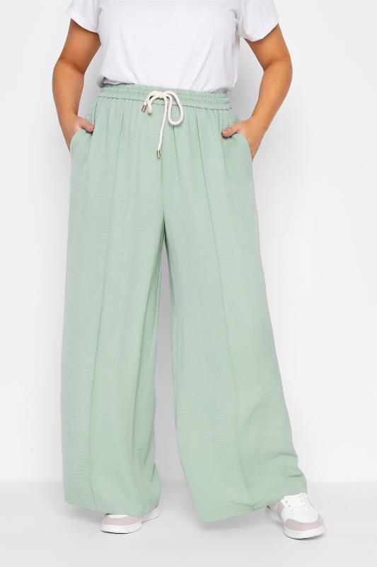 Plus Size  Curve Sage Green Lightweight Twill Wide Leg Trousers