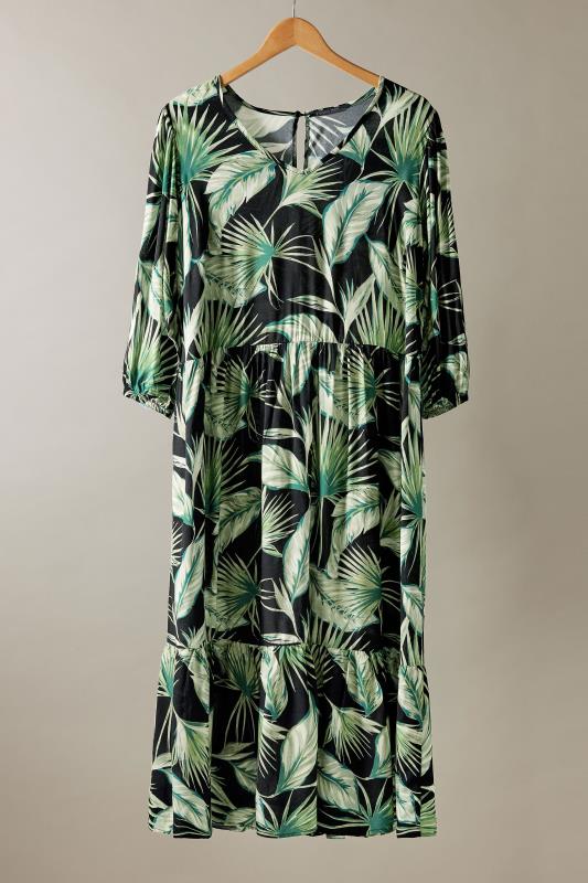 EVANS Plus Size Green Palm Print Tiered Midi Dress | Evans 5