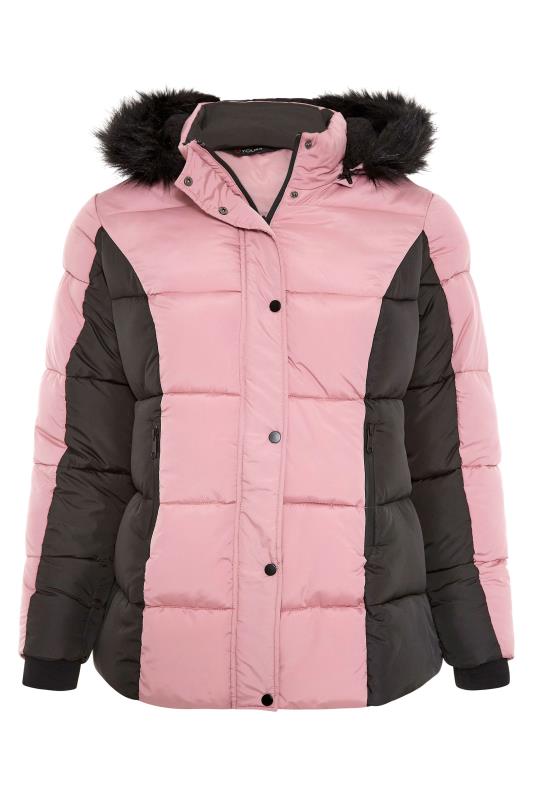 Plus Size Pink & Back Colour Block Padded Puffer Coat | Yours Clothing 6