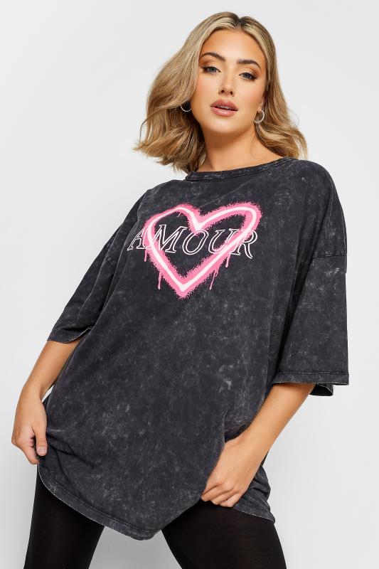 YOURS Plus Size Grey 'Amour' Slogan Acid Wash Boxy T-Shirt | Yours Clothing 1