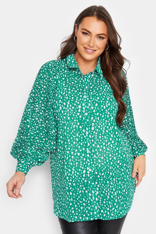Plus Size YOURS LONDON Green Dalmatian Pleat Sleeve Shirt | Yours Clothing 1