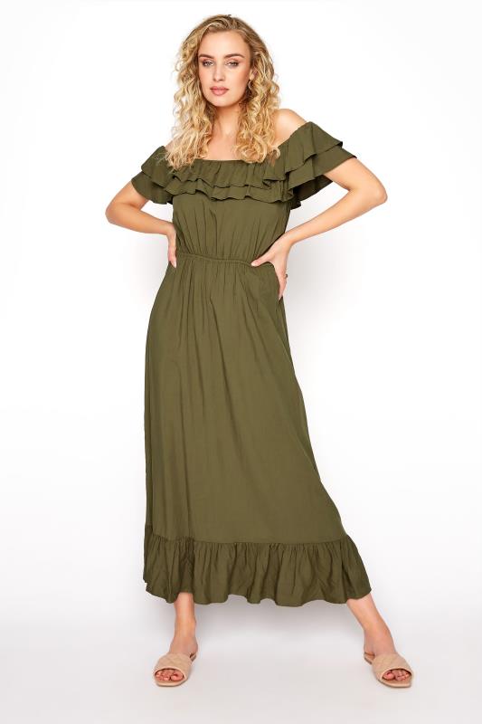 LTS Khaki Green Double Frill Bardot Midi Dress | Long Tall Sally 1