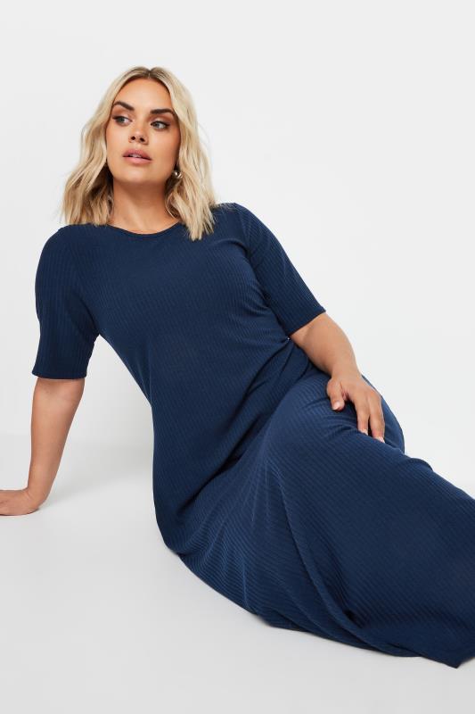 YOURS Plus Size Navy Blue Ribbed Swing Maxi Dress | Yours Clothing 1