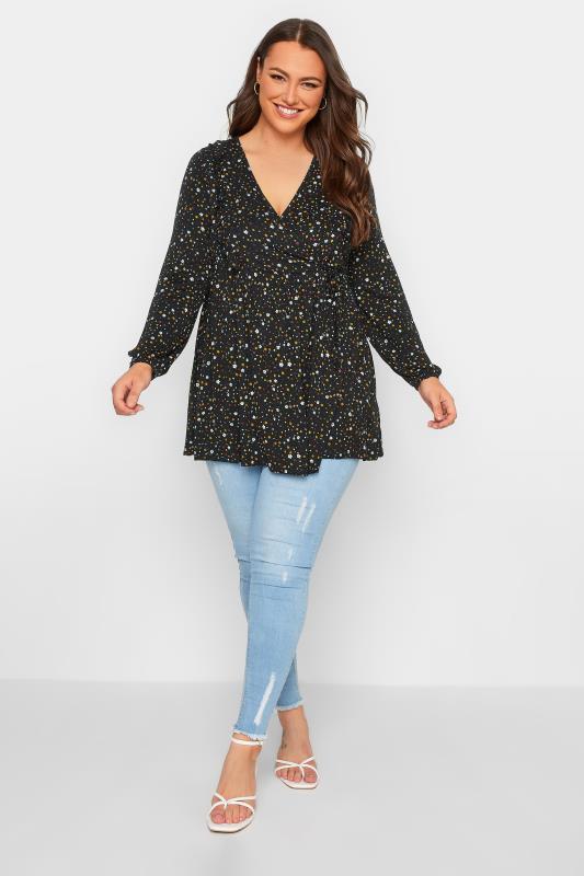 Plus Size Black Floral Front Frill Wrap Top | Yours Clothing 2