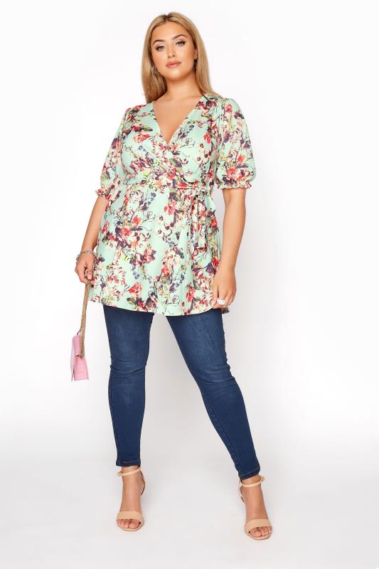 YOURS LONDON Sage Green Floral Puff Sleeve Wrap Top_B.jpg
