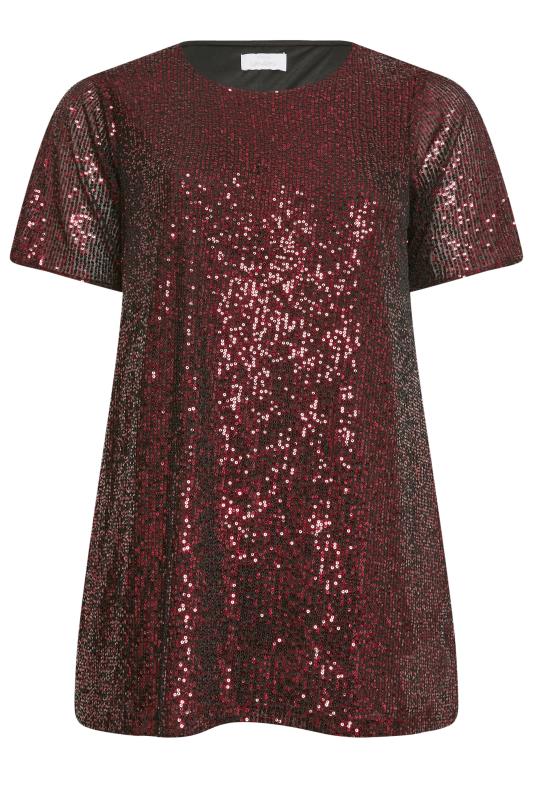 YOURS LONDON Plus Size Burgundy Red Sequin Embellished Swing Top | Yours Clothing 5