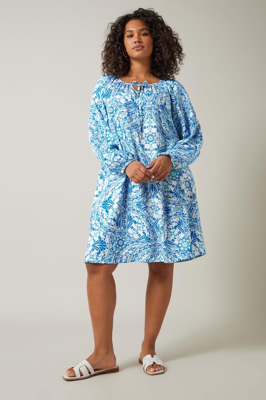EVANS Plus Size Blue Tile Print Tunic Dress | Evans  2
