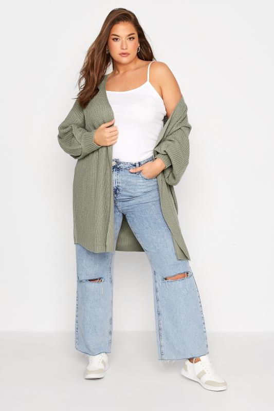 Plus Size Sage Green Pleat Sleeve Knitted Cardigan | Yours Clothing 2