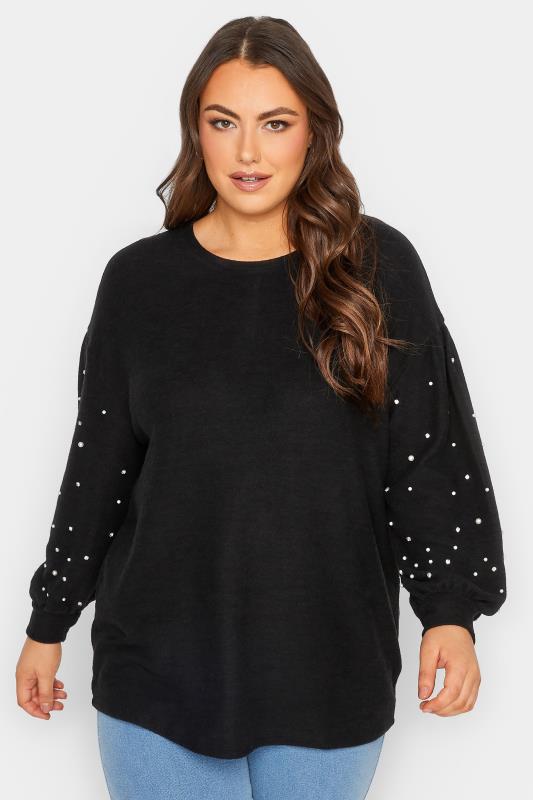 Plus Size Black Pearl & Diamante Embellished Sleeve Jumper | Yours Clothing  1