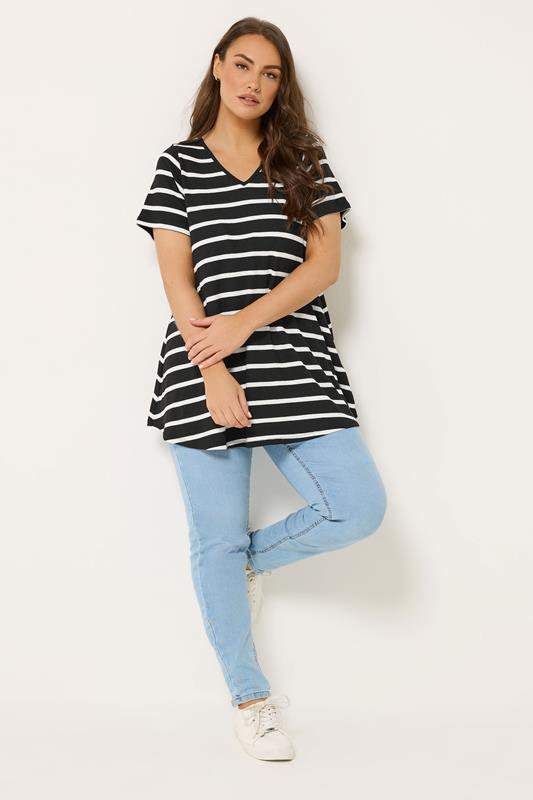 Yours Plus Size Black V-Neckline Stripe T-Shirt | Yours Clothing 1