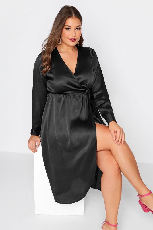 LIMITED COLLECTION Plus Size Black Satin Wrap Dress | Yours Clothing 4