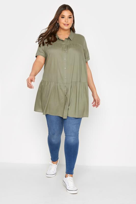 Plus Size Khaki Green Tiered Smock Shirt | Yours Clothing 2