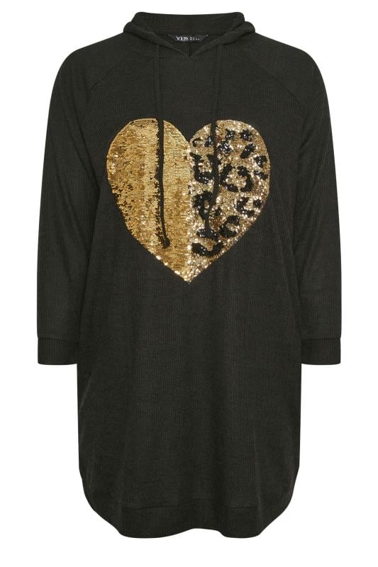 YOURS Plus Size Black Sequin Embellished Heart Hoodie Dress | Yours Clothing  5