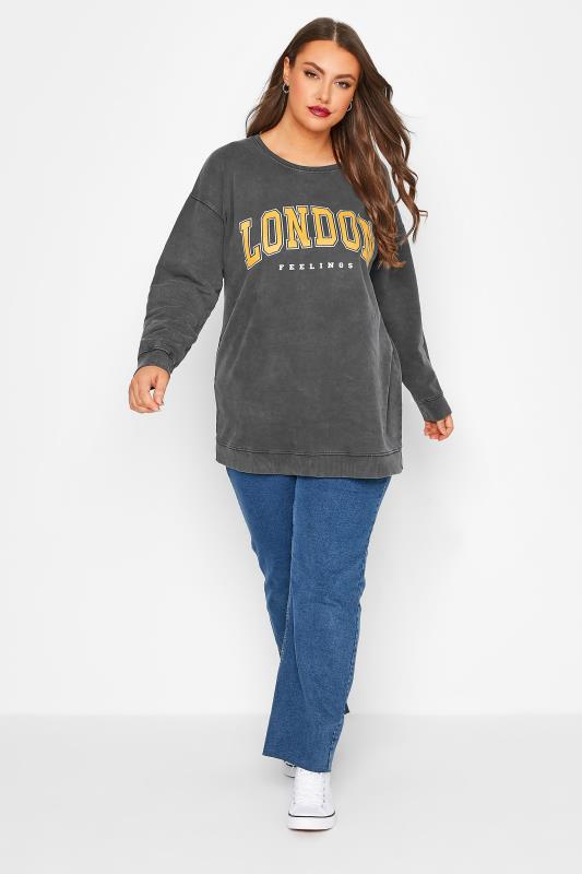 Plus Size Charcoal Grey 'London' Slogan Sweatshirt | Yours Clothing 2