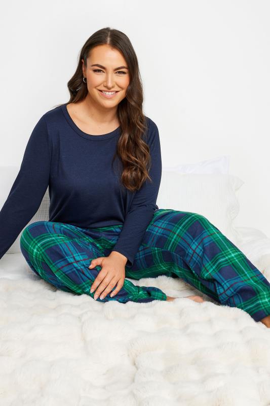 YOURS Curve Plus Size Blue & Green Tartan Print Pyjama Bottoms | Yours Clothing  1