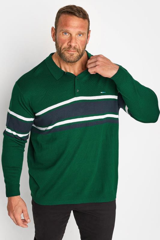 BadRhino Big & Tall Forest Green Stripe Long Sleeve Knitted Polo Shirt | BadRhino 1