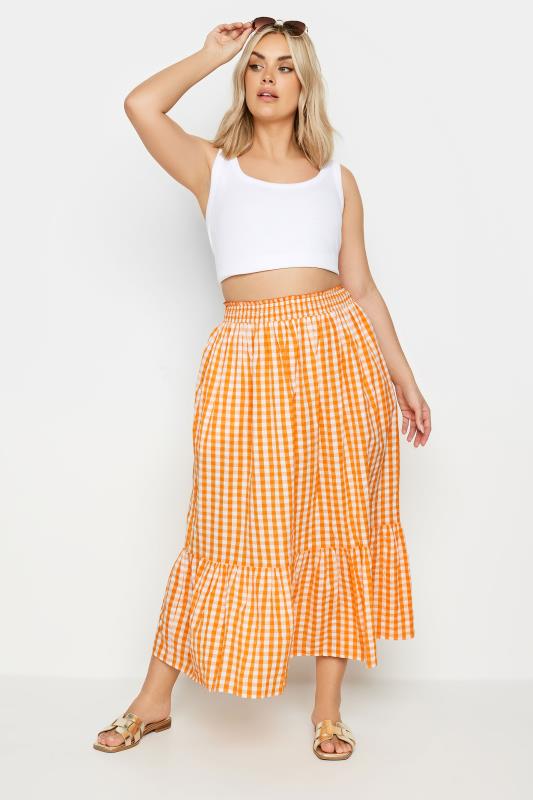 YOURS Plus Size Orange Gingham Tiered Pure Cotton Midi Skirt | Yours Clothing 1