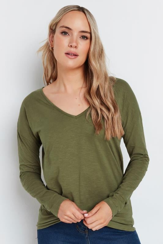 LTS Tall Khaki Green V-Neck Long Sleeve Cotton T-Shirt | Long Tall Sally 1