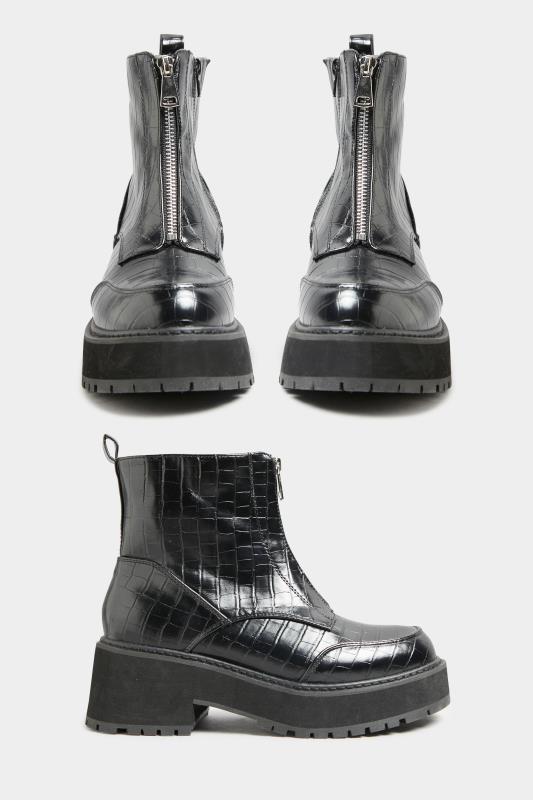 Black Croc Leather Look Zip Chunky Boots In Wide E Fit 2