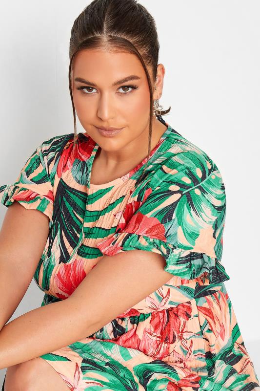 YOURS Curve Plus Size Green & Peach Tropical Floral Print Smock Tunic Dress | Yours Clothing 4